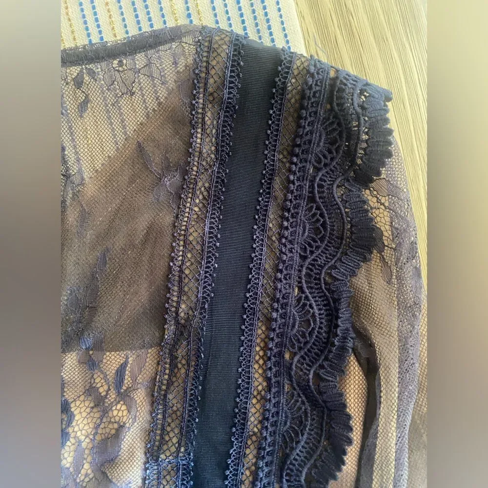 Self-Portrait Mini Dress Size 0 Navy Blue  Lace Ruffles Sleeve Lined - Picture 12 of 16